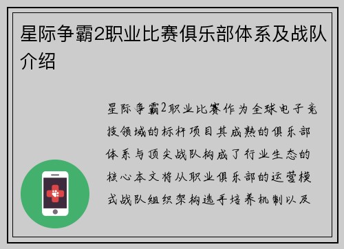星际争霸2职业比赛俱乐部体系及战队介绍